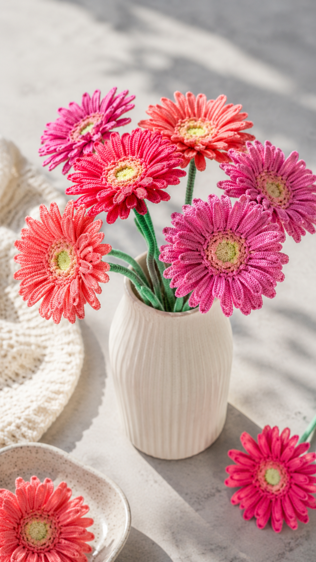 Crocheted gerbera daisies in hot pink coral and magenta yarn arranged in a tall white ribbed ceramic vase on a light grey marble surface with bright natural light and soft shadows