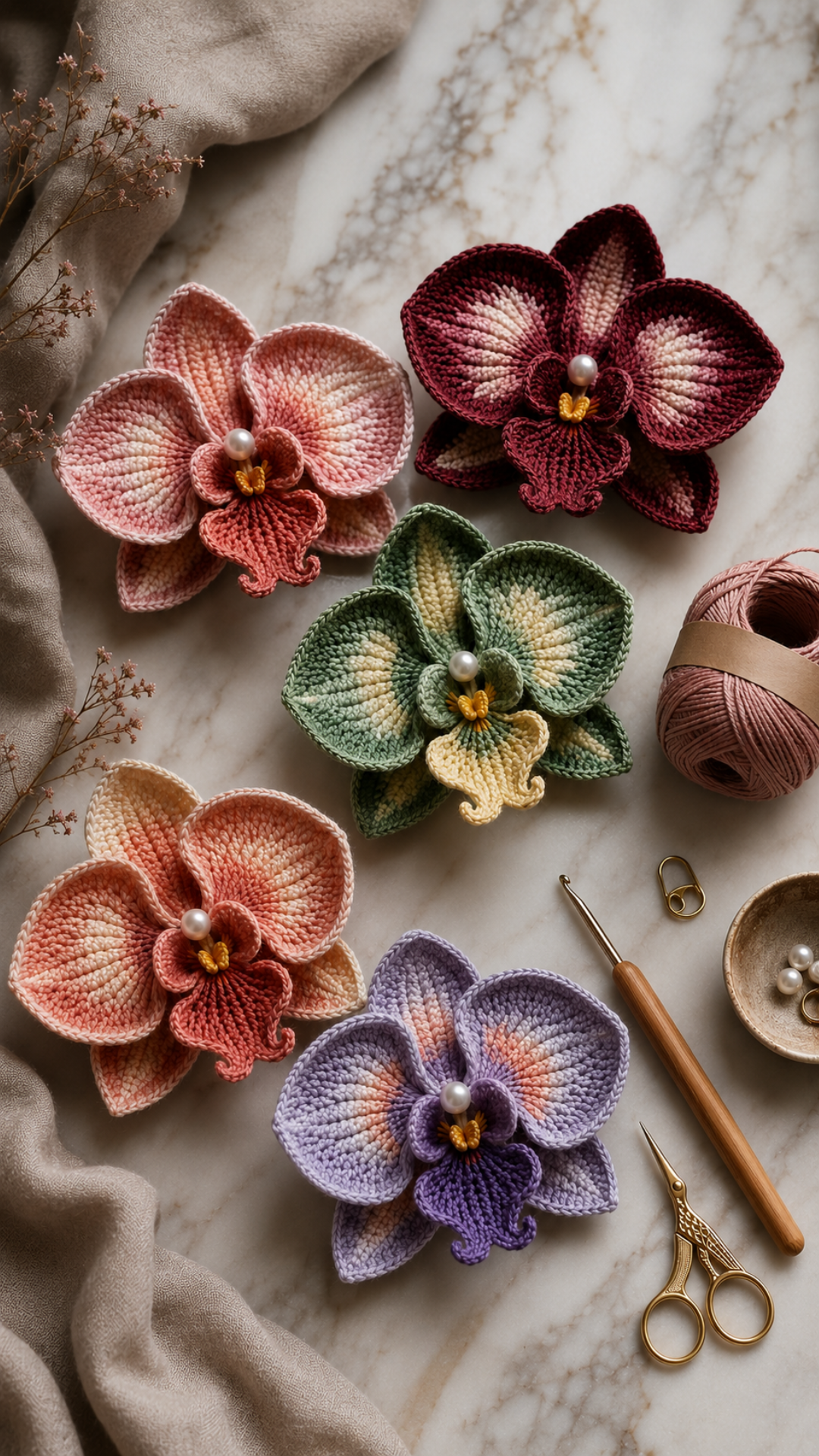 Flat lay of five large crocheted orchid flowers in gradient yarn colors including burgundy blush sage green peach and lavender on white marble with gold scissors and a wooden crochet hook