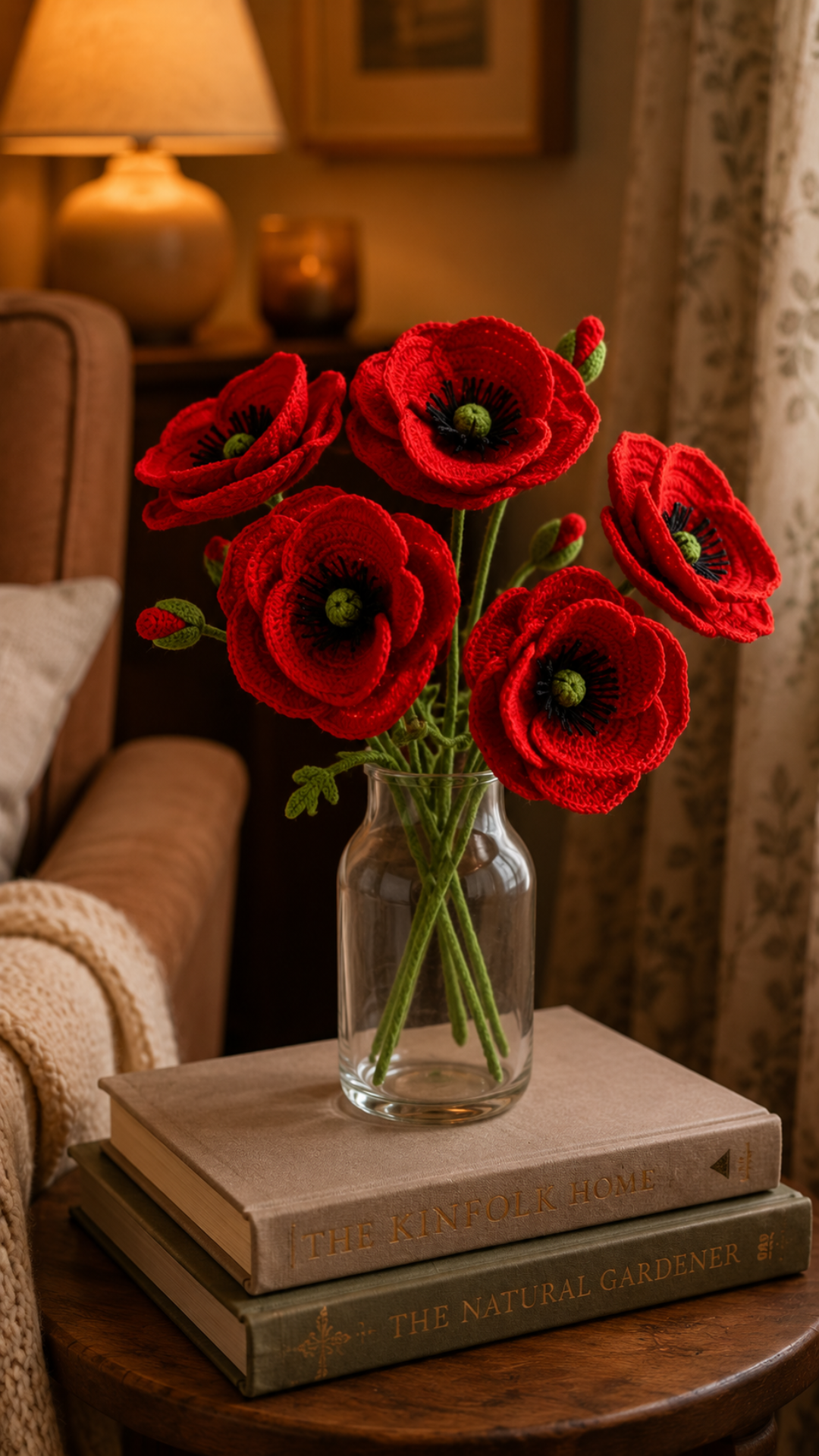 Five crocheted red poppies with black yarn centers in a clear glass vase on stacked hardcover books in a cozy reading nook with warm lamp light in the background