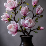 Crocheted magnolia branch with multiple large pink and white yarn blooms and green buds displayed in a tall dark ceramic vase against a soft grey background in dramatic studio lighting