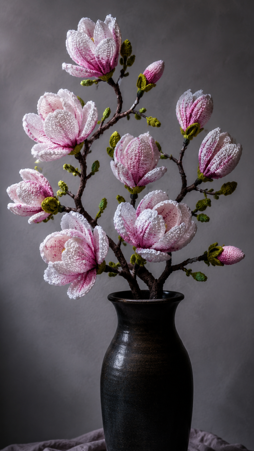 Crocheted magnolia branch with multiple large pink and white yarn blooms and green buds displayed in a tall dark ceramic vase against a soft grey background in dramatic studio lighting
