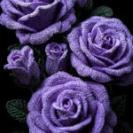Realistic crocheted lavender-blue roses with detailed yarn petals and green leaves arranged against a pure black background in a dramatic studio photo