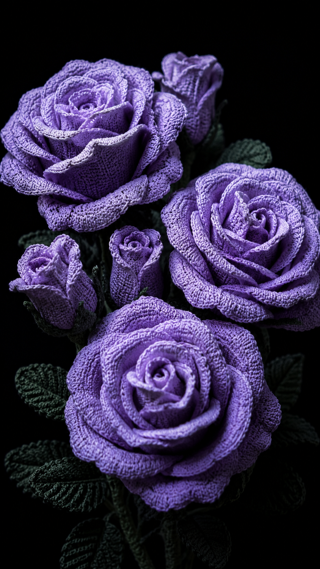 Realistic crocheted lavender-blue roses with detailed yarn petals and green leaves arranged against a pure black background in a dramatic studio photo