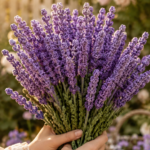 Two hands holding a large bunch of crocheted lavender stems in rich purple yarn against a sunny garden background with roses and a white picket fence in golden hour light