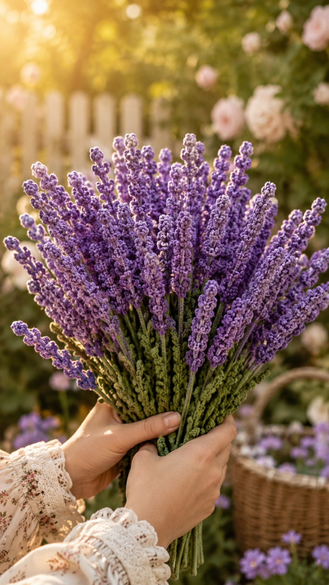 Two hands holding a large bunch of crocheted lavender stems in rich purple yarn against a sunny garden background with roses and a white picket fence in golden hour light
