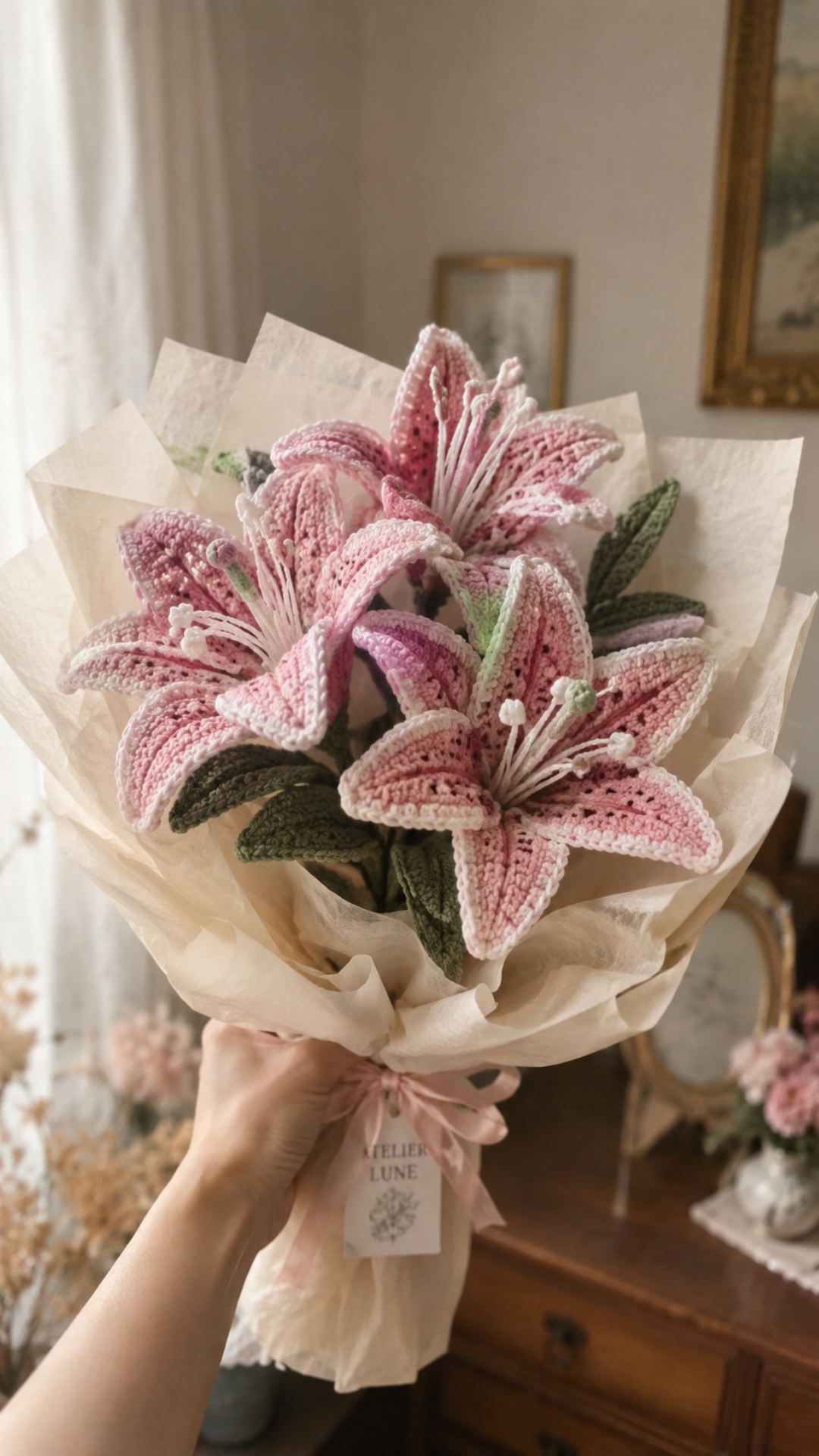 Pink crocheted stargazer-style lily flowers with delicate stamens loosely wrapped in brown kraft paper and tissue paper as a gift bouquet in warm soft lighting