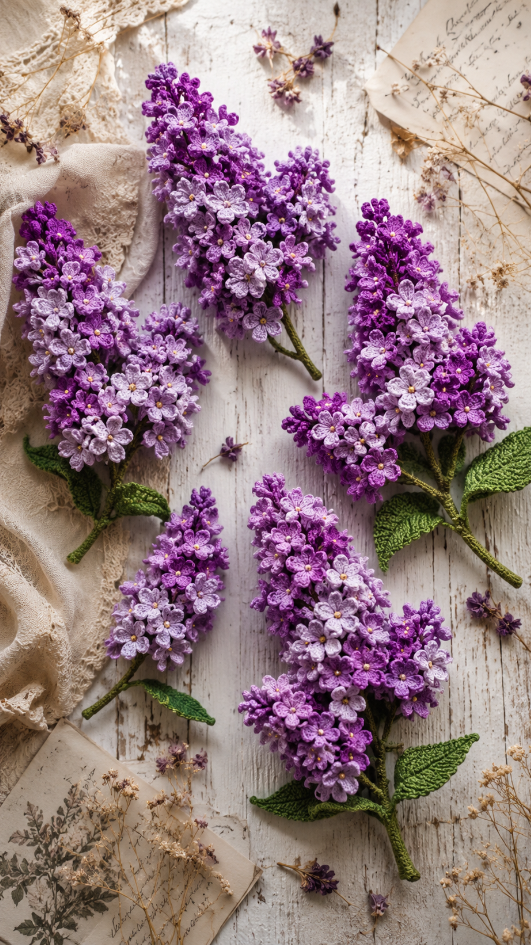 Flat lay of crocheted lilac clusters in deep purple and soft lavender yarn arranged on a weathered white wood surface with vintage linen and dried flowers scattered around