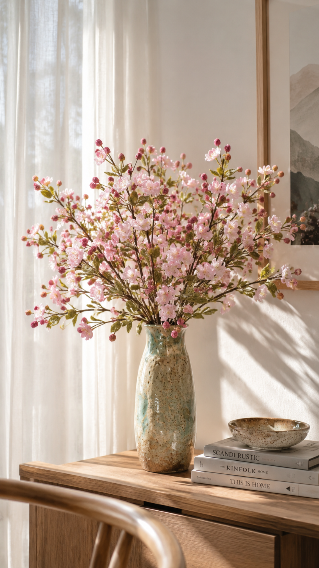 Flat lay of crocheted carnations in red, pink, coral, and purple yarn scattered across cream linen with a bouquet wrapped in kraft paper and tied with twine