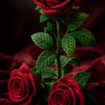 Three crocheted red roses with detailed green yarn leaves arranged dramatically on deep red velvet fabric with a soft spotlight in a moody romantic photo