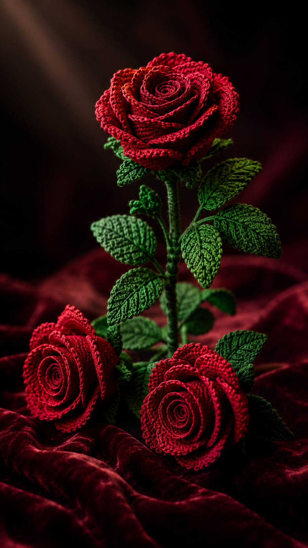 Three crocheted red roses with detailed green yarn leaves arranged dramatically on deep red velvet fabric with a soft spotlight in a moody romantic photo