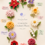 Flat lay of twelve individual crocheted birth month flowers each labeled with a month name including carnation violet daffodil daisy lily of the valley rose water lily poppy aster marigold chrysanthemum and poinsettia