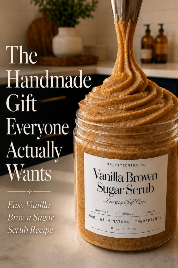 Pinterest pin with text reading The Handmade Gift Everyone Actually Wants over a photo of a Vanilla Brown Sugar Scrub jar from spiritedmind.co being piped on a marble countertop with navy and gold kitchen behind it