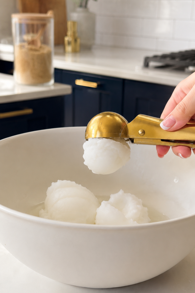Gold scoop adding solid coconut oil into a white bowl on a white quartz countertop with navy kitchen cabinetry in the background