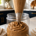 Piping bag filling a clear glass jar with whipped vanilla brown sugar scrub on a white marble countertop in a navy and gold kitchen