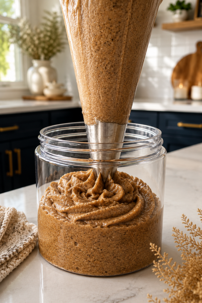 Piping bag filling a clear glass jar with whipped vanilla brown sugar scrub on a white marble countertop in a navy and gold kitchen