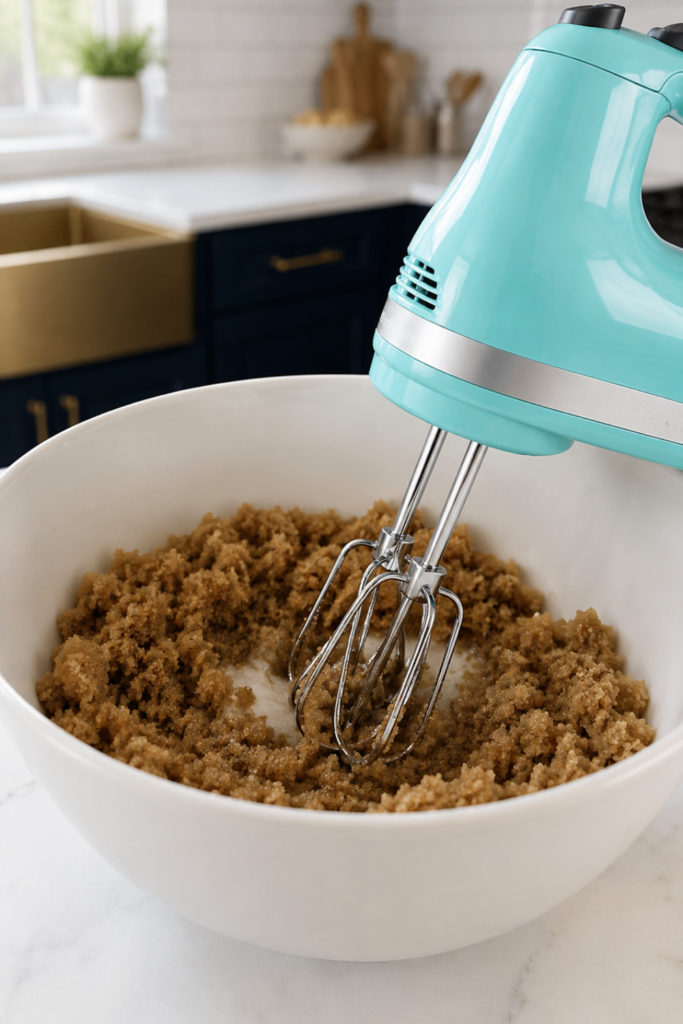 Aqua KitchenAid hand mixer whipping brown sugar and coconut oil in a white bowl on a marble countertop with navy cabinetry in the background