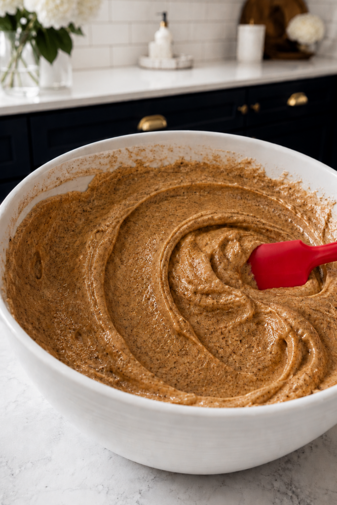 Large white bowl filled with smooth swirled whipped vanilla brown sugar scrub mixture with a red silicone spatula