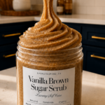Glass jar with a Vanilla Brown Sugar Scrub label from spiritedmind.co being filled by a piping bag on a white marble countertop with navy and gold kitchen in the background