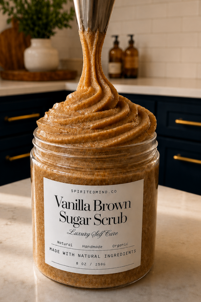 Glass jar with a Vanilla Brown Sugar Scrub label from spiritedmind.co being filled by a piping bag on a white marble countertop with navy and gold kitchen in the background
