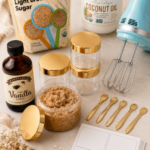 Flat lay of sugar scrub ingredients including brown sugar, coconut oil, vanilla extract, gold-lidded glass jars, gold spoons, an aqua hand mixer, and label sheets on a neutral background