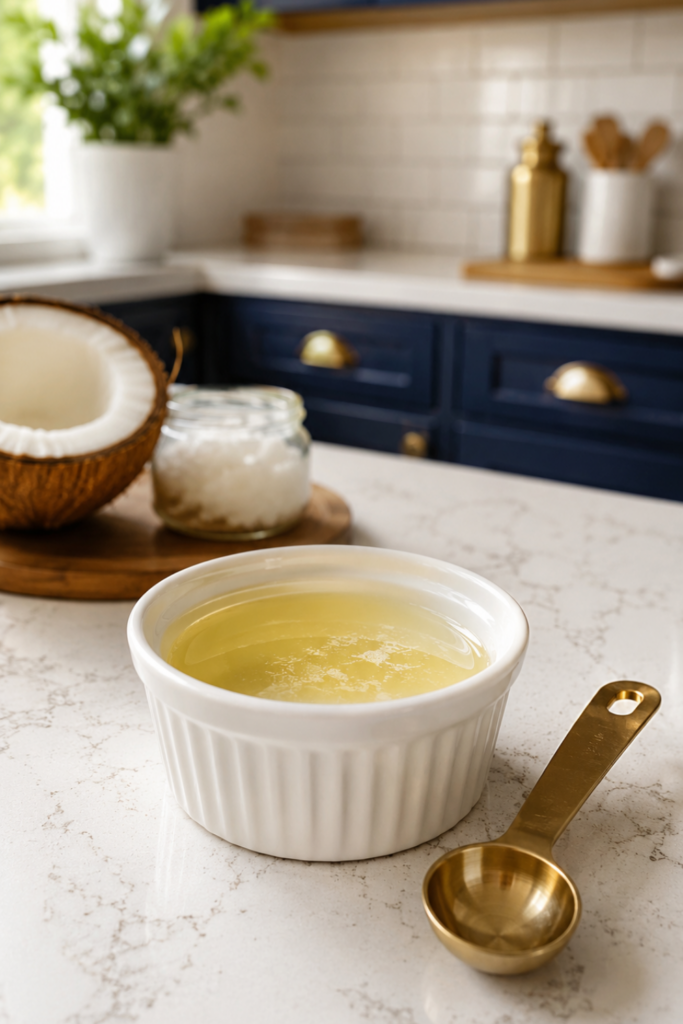 Melted coconut oil in a white ribbed ramekin with a gold measuring spoon beside a halved fresh coconut on a wooden board in a navy and gold kitchen