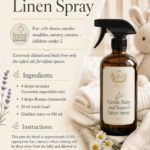 Amber glass trigger spray bottle labeled Gentle Baby and Nursery Linen Spray by Aligned Design surrounded by folded cream muslin cloths, fresh chamomile flowers, and lavender sprigs with a soft nursery background. Recipe infographic for an extremely diluted baby-safe essential oil spray using Lavandula angustifolia lavender and Roman chamomile in a witch hazel and distilled water base for crib sheets, swaddles, and nursery curtains. One of 10 room-by-room essential oil linen spray recipes.