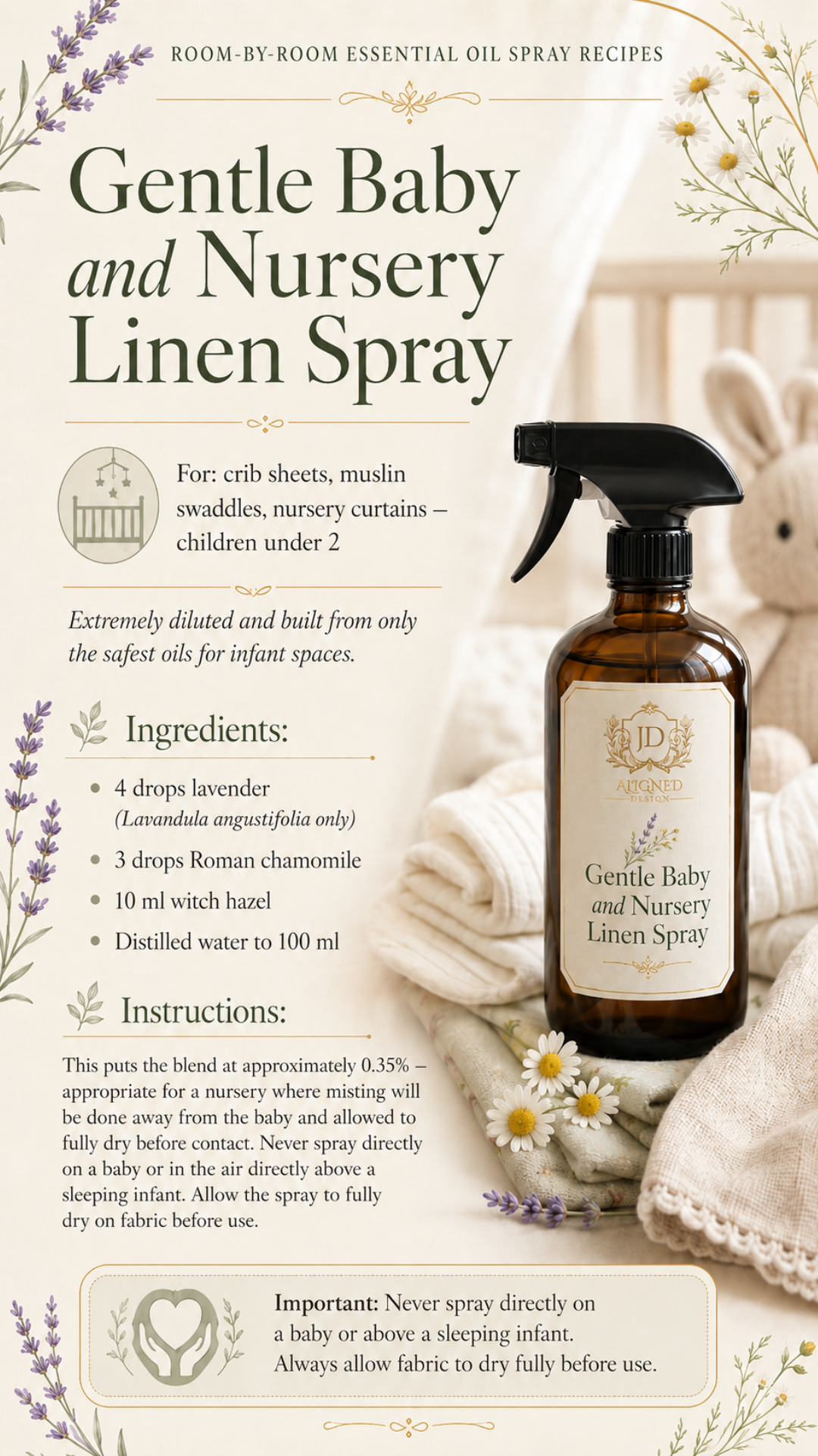 Amber glass trigger spray bottle labeled Gentle Baby and Nursery Linen Spray by Aligned Design surrounded by folded cream muslin cloths, fresh chamomile flowers, and lavender sprigs with a soft nursery background. Recipe infographic for an extremely diluted baby-safe essential oil spray using Lavandula angustifolia lavender and Roman chamomile in a witch hazel and distilled water base for crib sheets, swaddles, and nursery curtains. One of 10 room-by-room essential oil linen spray recipes.