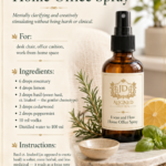 Amber glass spray bottle labeled Focus and Flow Home Office Spray by Aligned Design, surrounded by fresh rosemary sprigs, lemon slices, and basil leaves. Recipe infographic with ingredients including rosemary, lemon, sweet basil, cedarwood, and peppermint essential oils in a vodka and distilled water base. One of 10 room-by-room essential oil linen spray recipes.