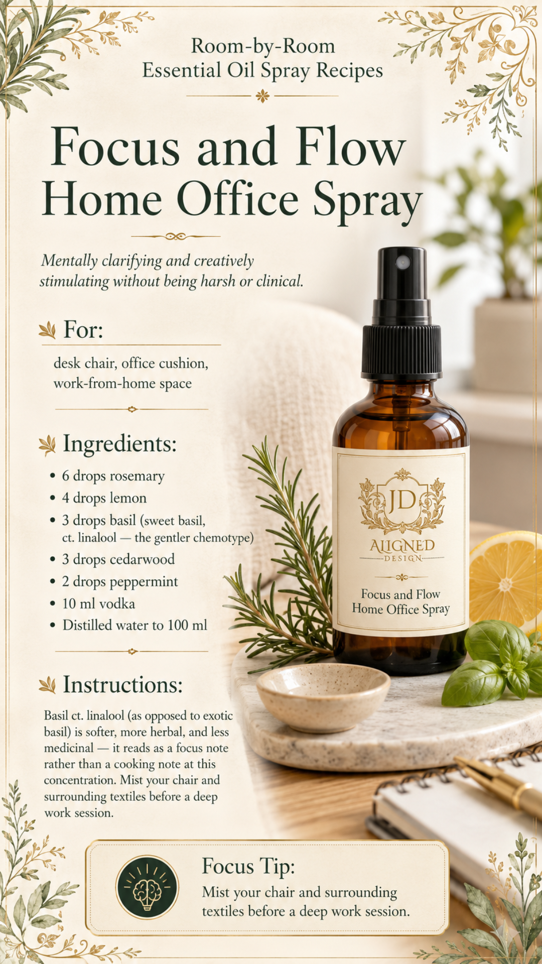 Amber glass spray bottle labeled Focus and Flow Home Office Spray by Aligned Design, surrounded by fresh rosemary sprigs, lemon slices, and basil leaves. Recipe infographic with ingredients including rosemary, lemon, sweet basil, cedarwood, and peppermint essential oils in a vodka and distilled water base. One of 10 room-by-room essential oil linen spray recipes.