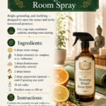Amber glass trigger spray bottle labeled Morning Ritual Room Spray by Aligned Design beside a halved orange, lemon, frankincense resin, and rosemary. Recipe card infographic with ingredients including sweet orange, rosemary, frankincense, lemon, and peppermint essential oils in a vodka and distilled water base for yoga mats and meditation cushions. One of 10 DIY essential oil room spray recipes.