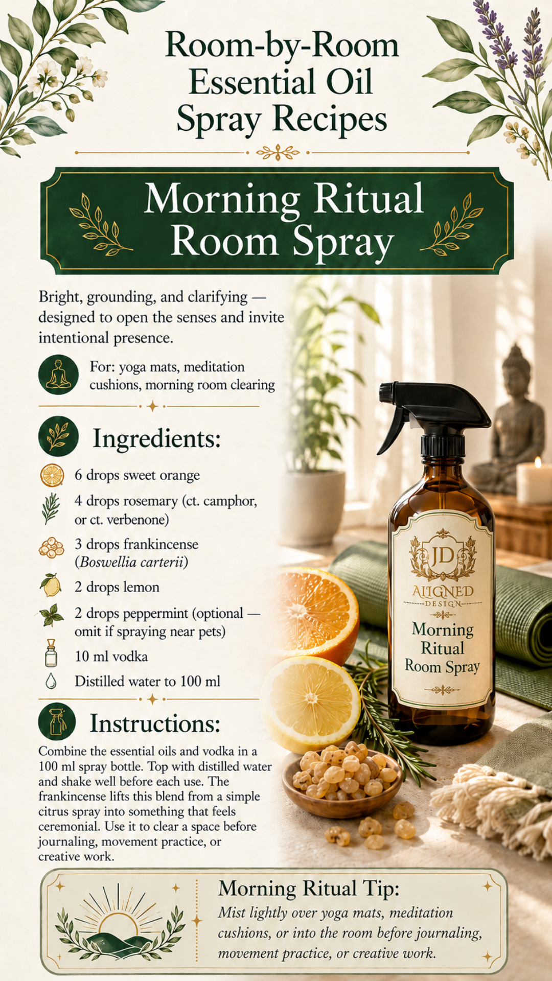 Amber glass trigger spray bottle labeled Morning Ritual Room Spray by Aligned Design beside a halved orange, lemon, frankincense resin, and rosemary. Recipe card infographic with ingredients including sweet orange, rosemary, frankincense, lemon, and peppermint essential oils in a vodka and distilled water base for yoga mats and meditation cushions. One of 10 DIY essential oil room spray recipes.