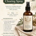 Amber glass fine mist spray bottle labeled Sacred Space Clearing Spray by Aligned Design on folded linen cloth surrounded by sage leaves, juniper berries, frankincense resin, and palo santo. Recipe infographic for a smoke-free smudging alternative using white sage, palo santo, juniper berry, and frankincense essential oils. One of 10 DIY essential oil room spray recipes.