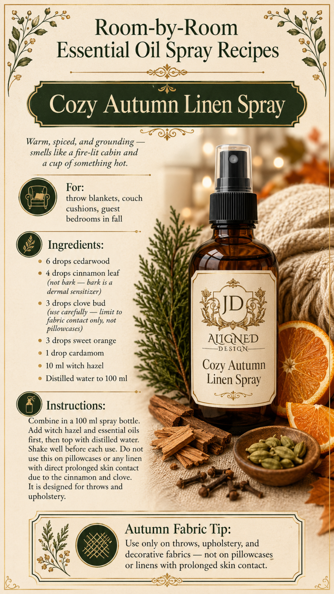 Amber glass fine mist spray bottle labeled Cozy Autumn Linen Spray by Aligned Design surrounded by cinnamon sticks, sliced oranges, cardamom pods, cloves, and cedar foliage against a warm cozy autumn background. Recipe infographic with cedarwood, cinnamon leaf, clove bud, sweet orange, and cardamom essential oils in a witch hazel base. One of 10 room-by-room essential oil linen spray recipes.