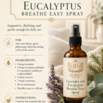 Amber glass fine mist spray bottle labeled Lavender and Eucalyptus Breathe Easy Spray by Aligned Design surrounded by fresh lavender stems and eucalyptus branches on soft white knit fabric. Recipe infographic for a supportive respiratory blend with lavender, eucalyptus globulus, tea tree, and ravintsara in a witch hazel and distilled water base. One of 10 DIY essential oil linen spray recipes.