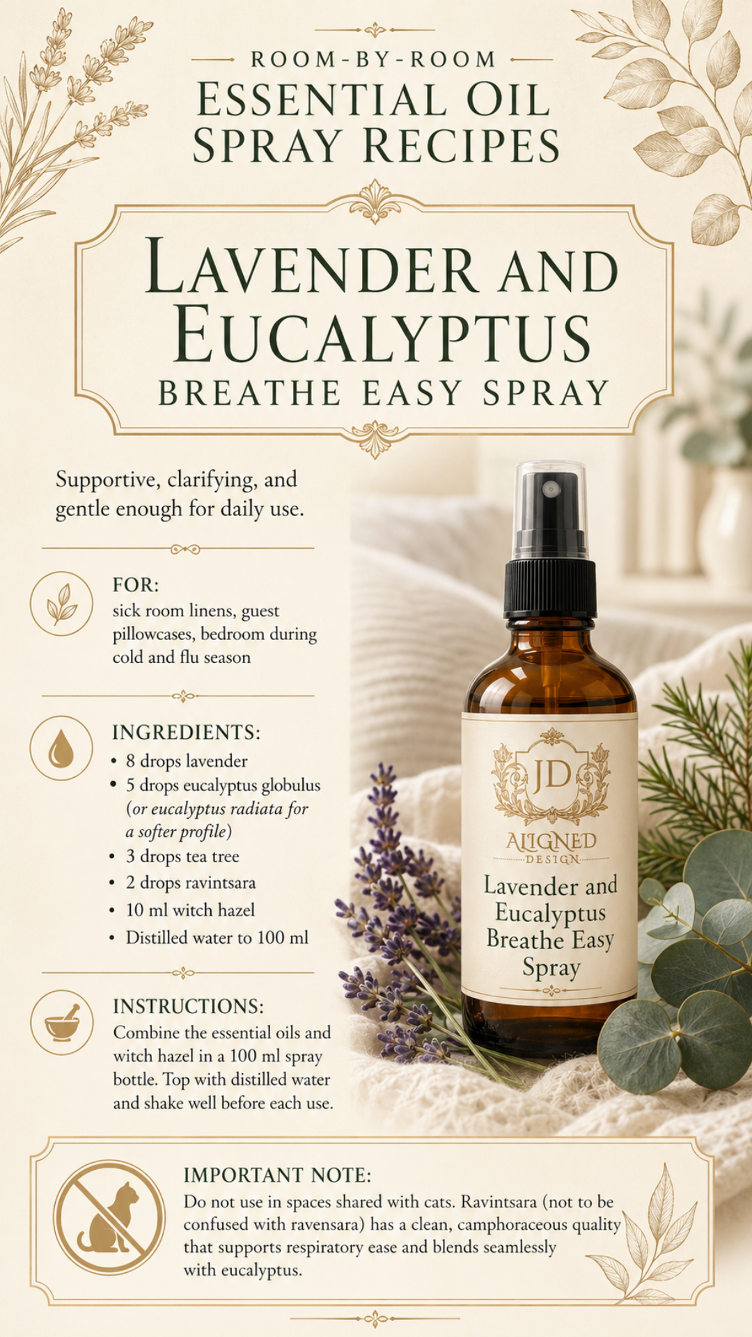 Amber glass fine mist spray bottle labeled Lavender and Eucalyptus Breathe Easy Spray by Aligned Design surrounded by fresh lavender stems and eucalyptus branches on soft white knit fabric. Recipe infographic for a supportive respiratory blend with lavender, eucalyptus globulus, tea tree, and ravintsara in a witch hazel and distilled water base. One of 10 DIY essential oil linen spray recipes.