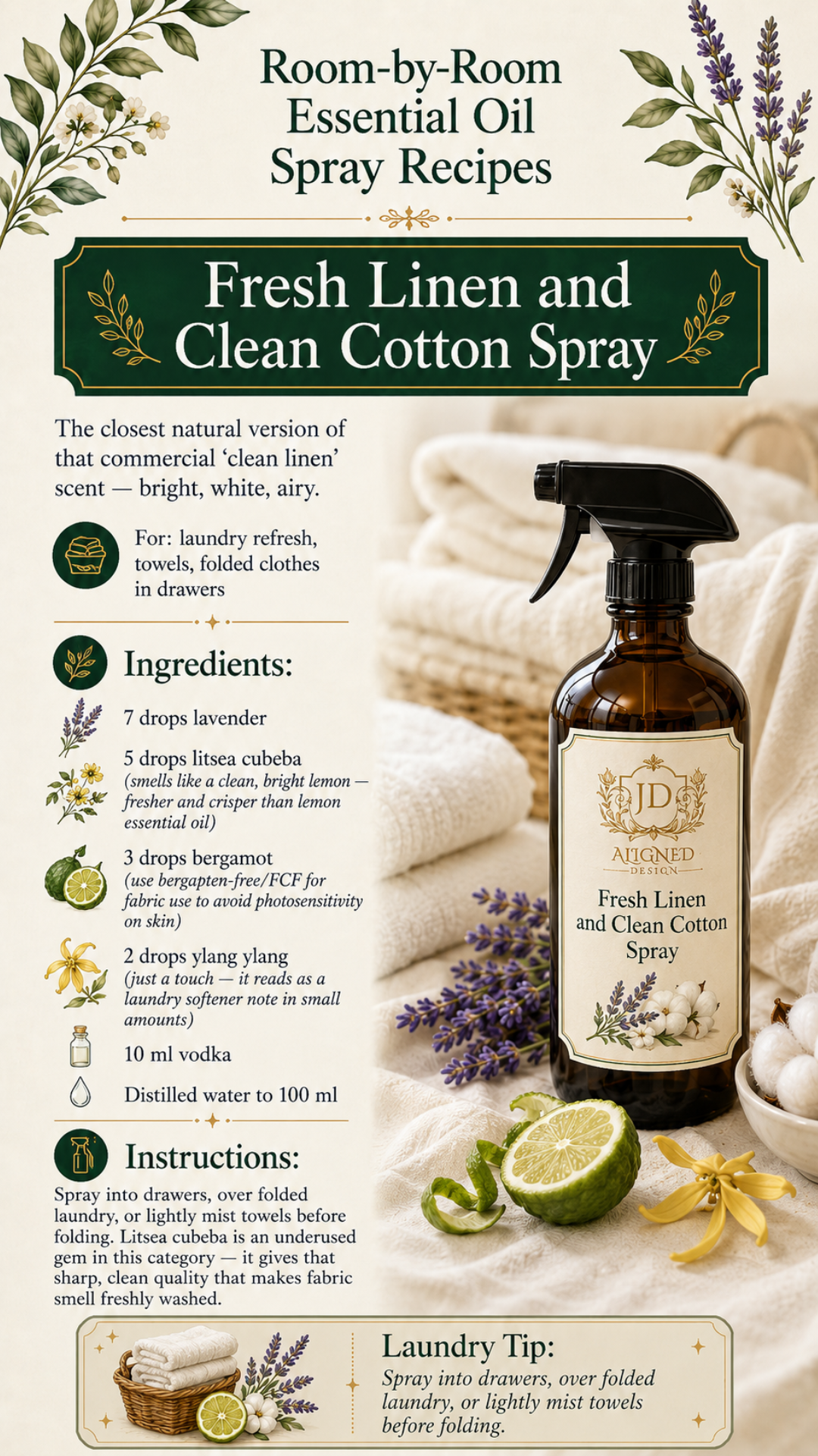 Amber glass trigger spray bottle labeled Fresh Linen and Clean Cotton Spray by Aligned Design surrounded by folded white towels, lavender, bergamot halves, and ylang ylang flowers. Recipe infographic for a natural clean linen scent using lavender, litsea cubeba, bergamot FCF, and ylang ylang essential oils in a vodka and distilled water base. One of 10 room-by-room essential oil spray recipes.