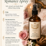 Amber glass fine mist spray bottle labeled Rose and Sandalwood Romance Spray by Aligned Design surrounded by blush pink roses, jasmine flowers, and sandalwood chips on romantic cream linen. Recipe infographic for a soft floral linen spray using rose absolute, Australian sandalwood, ylang ylang, jasmine absolute, and bergamot FCF in a witch hazel base. One of 10 DIY essential oil room spray recipes.