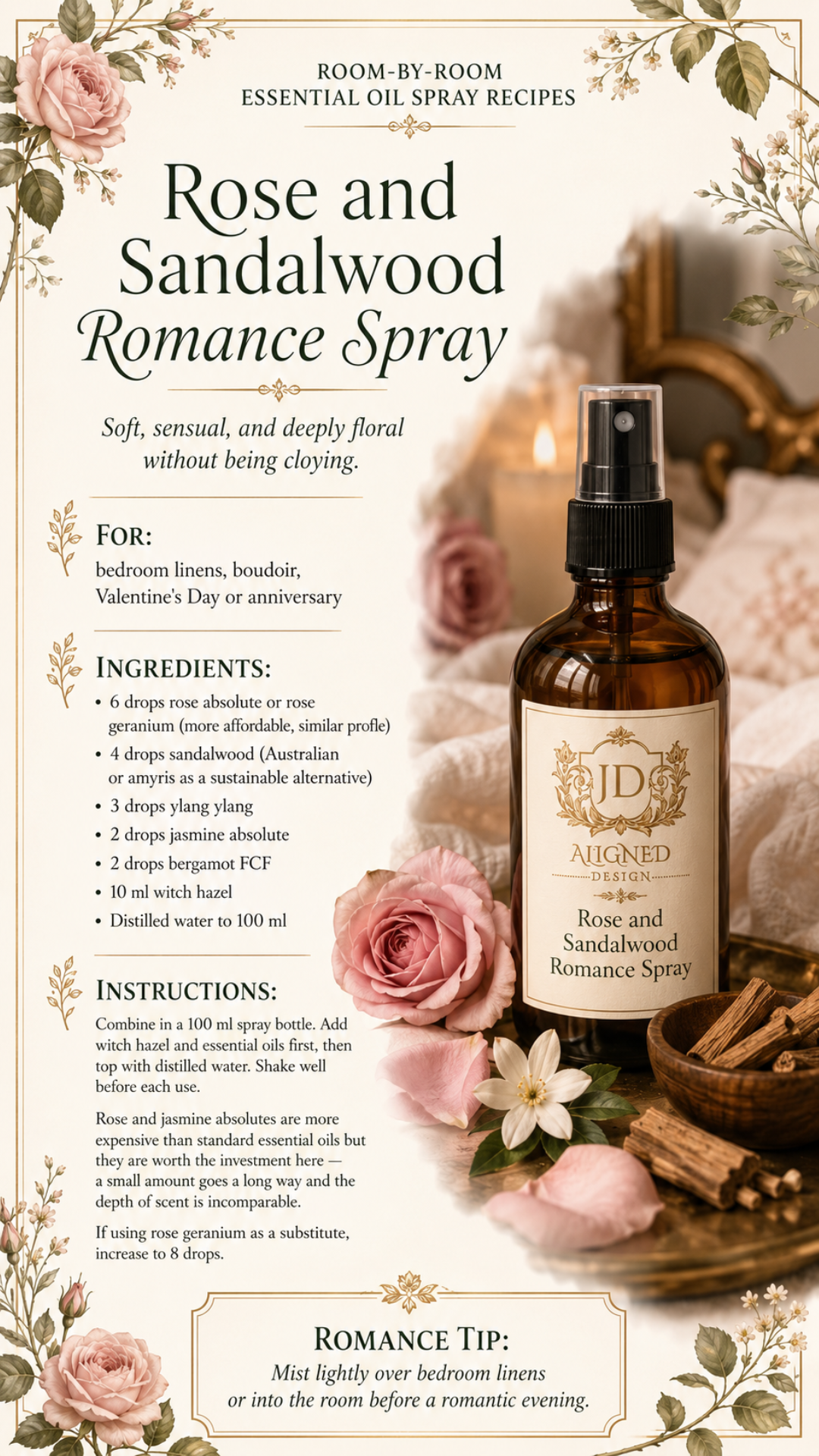 Amber glass fine mist spray bottle labeled Rose and Sandalwood Romance Spray by Aligned Design surrounded by blush pink roses, jasmine flowers, and sandalwood chips on romantic cream linen. Recipe infographic for a soft floral linen spray using rose absolute, Australian sandalwood, ylang ylang, jasmine absolute, and bergamot FCF in a witch hazel base. One of 10 DIY essential oil room spray recipes.