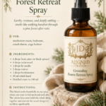 Amber glass fine mist spray bottle labeled Grounding Forest Retreat Spray by Aligned Design surrounded by pine cones, fir needles, vetiver root, frankincense resin, and cedarwood bark on natural linen. Recipe infographic for an earthy, resinous grounding blend using Scots pine, cedarwood, fir needle, vetiver, and frankincense essential oils in a witch hazel and distilled water base. One of 10 room-by-room essential oil linen spray recipes.