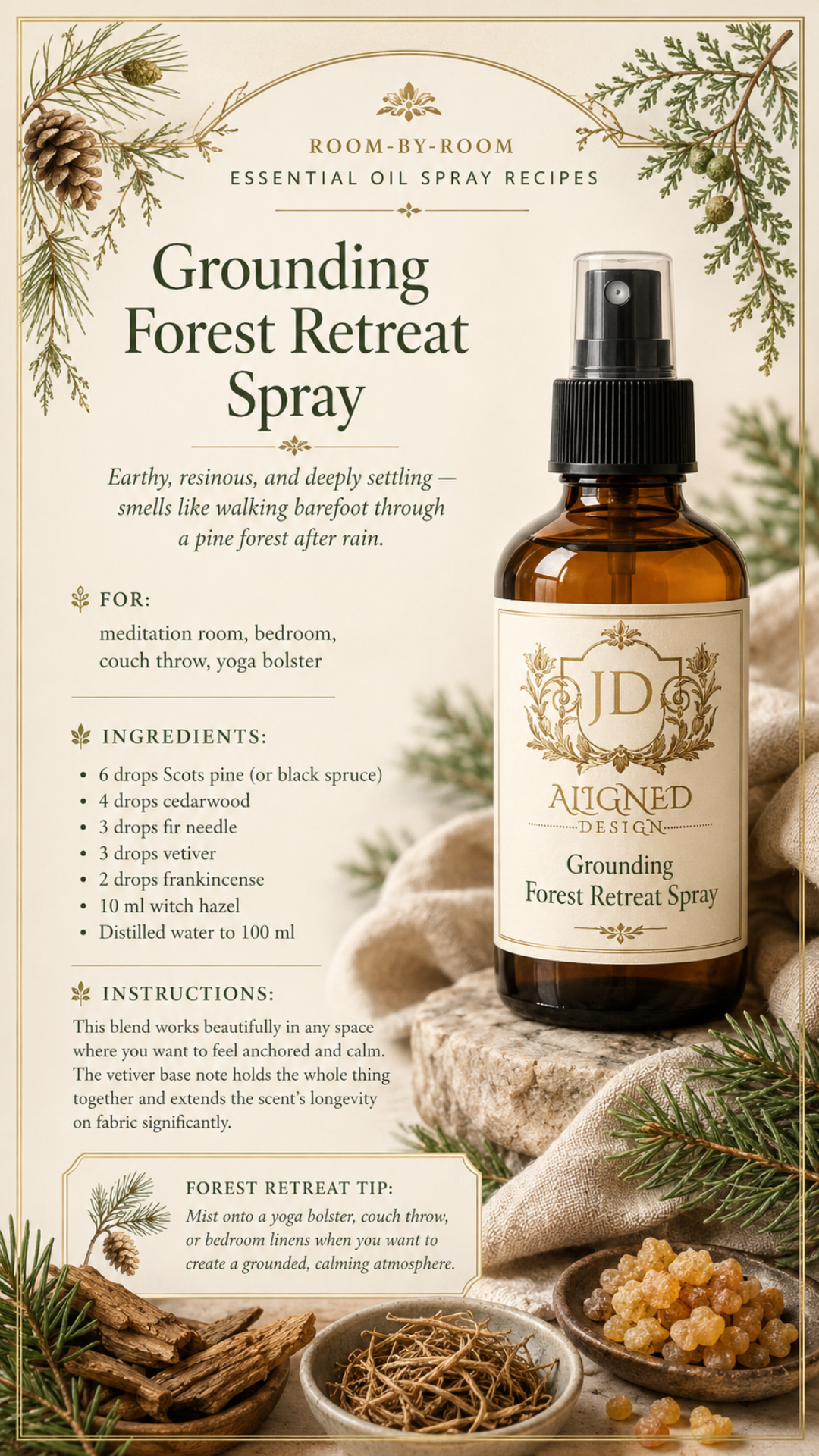 Amber glass fine mist spray bottle labeled Grounding Forest Retreat Spray by Aligned Design surrounded by pine cones, fir needles, vetiver root, frankincense resin, and cedarwood bark on natural linen. Recipe infographic for an earthy, resinous grounding blend using Scots pine, cedarwood, fir needle, vetiver, and frankincense essential oils in a witch hazel and distilled water base. One of 10 room-by-room essential oil linen spray recipes.