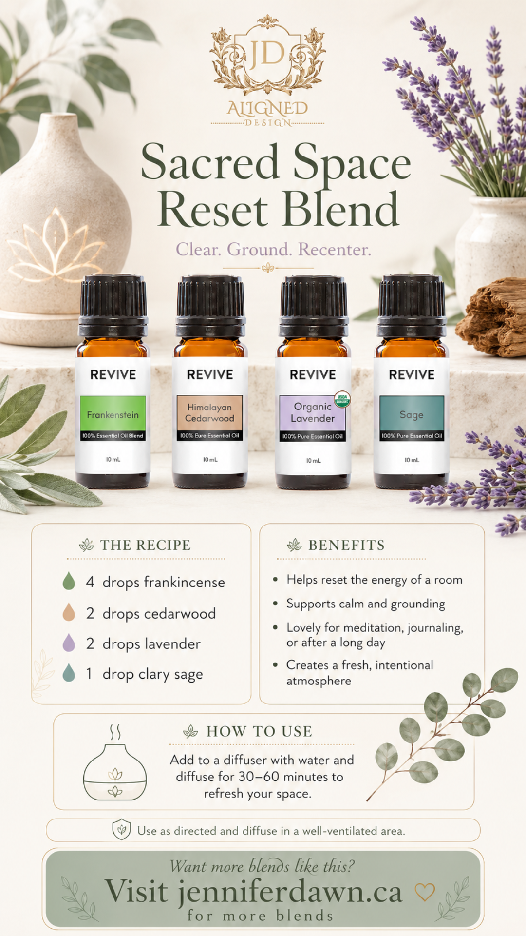 Pinterest pin for Sacred Space Reset essential oil diffuser blend with frankincense, cedarwood, lavender, and clary sage for energetic home cleansing
