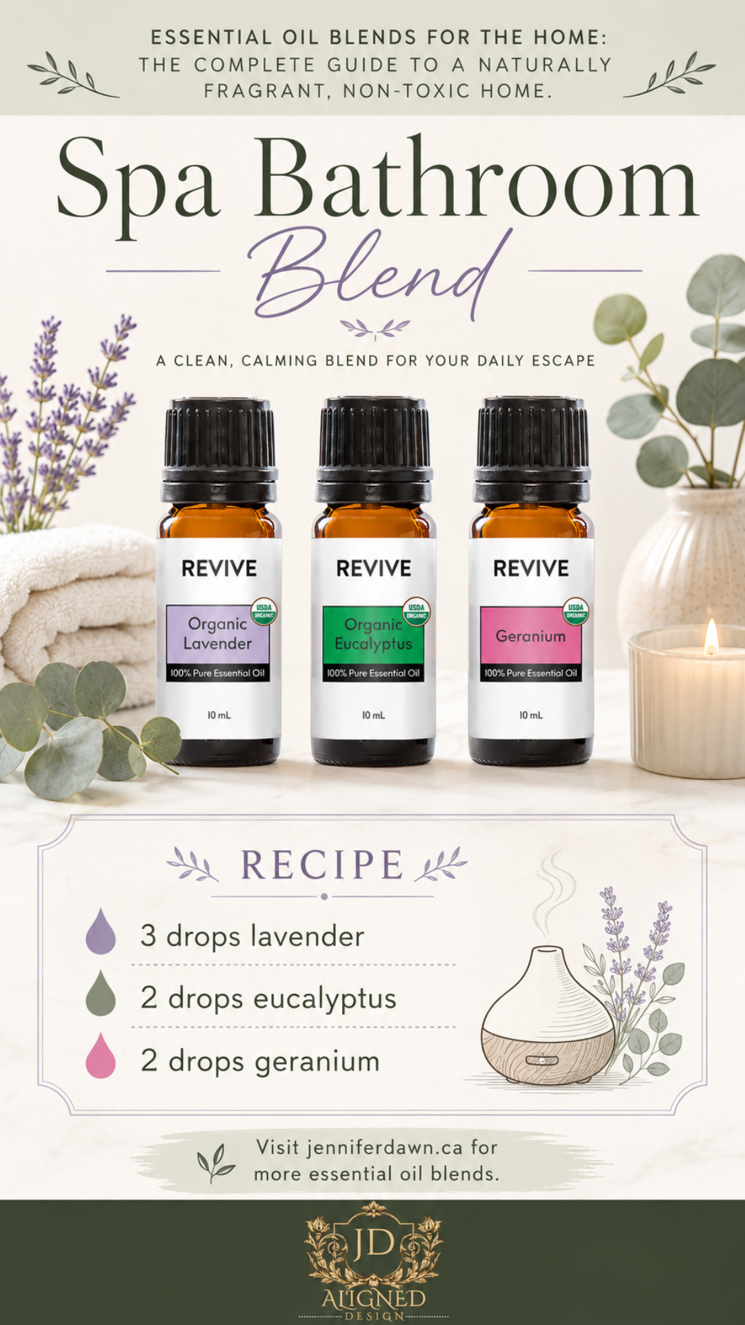 Pinterest pin for Spa Bathroom essential oil diffuser blend with lavender, eucalyptus, and geranium — a luxurious natural home fragrance recipe to create a spa-like bathroom