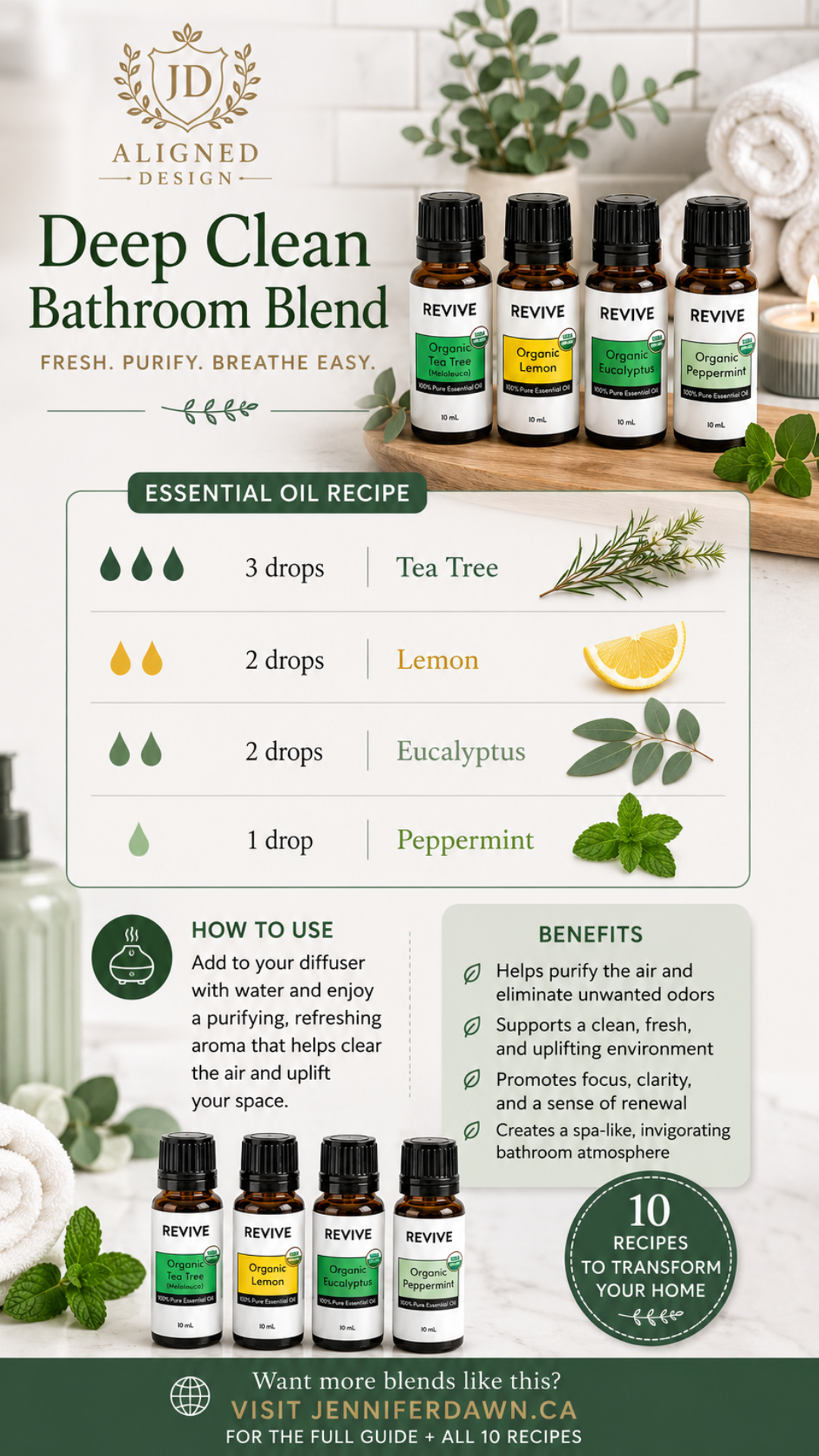 Pinterest pin showing Deep Clean bathroom essential oil diffuser blend with tea tree, lemon, eucalyptus, and peppermint — a non-toxic natural bathroom fragrance recipe