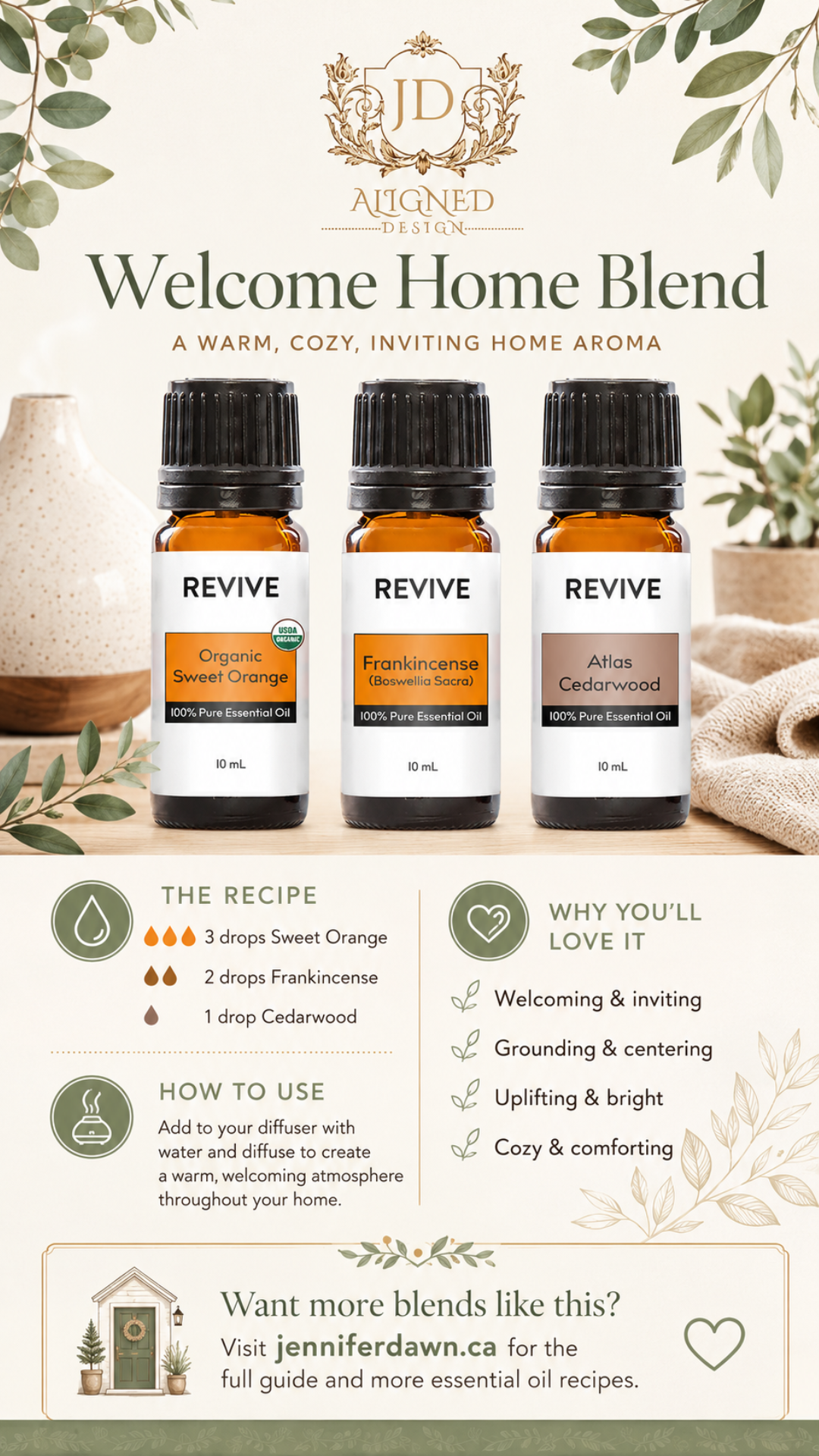 Pinterest pin for Welcome Home essential oil diffuser blend with sweet orange, frankincense, and cedarwood — a warm inviting home fragrance recipe for any time