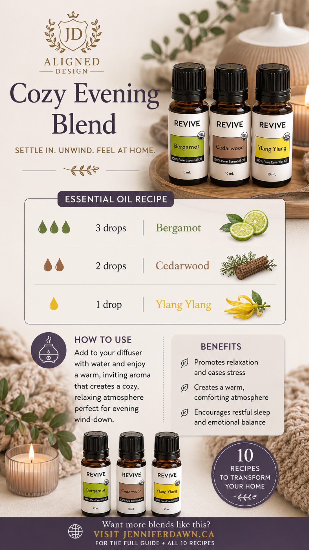 Pinterest pin showing Cozy Evening essential oil diffuser blend with bergamot, cedarwood, and ylang ylang — a warm relaxing living room home fragrance recipe