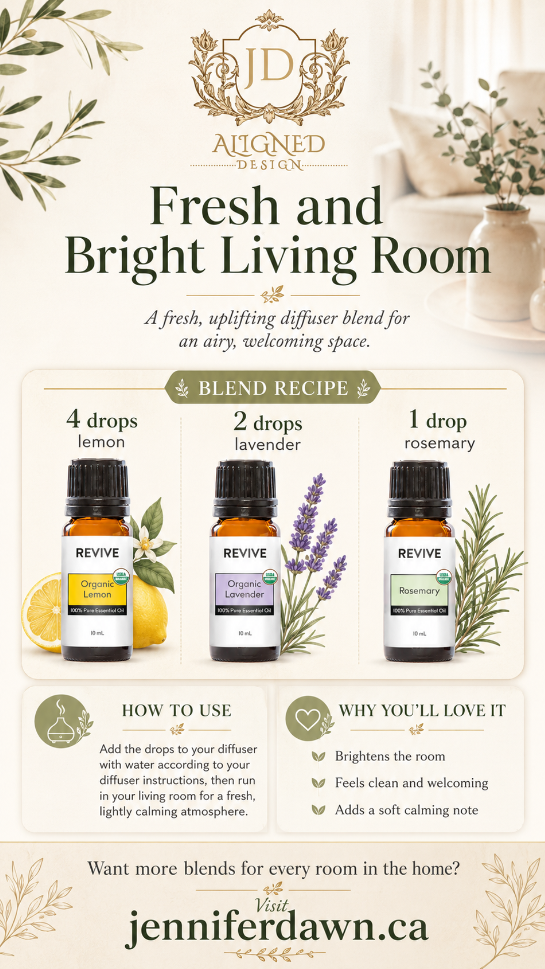 Pinterest pin for Fresh and Bright Living Room essential oil diffuser blend with lemon, lavender, and rosemary — an uplifting welcoming home fragrance recipe
