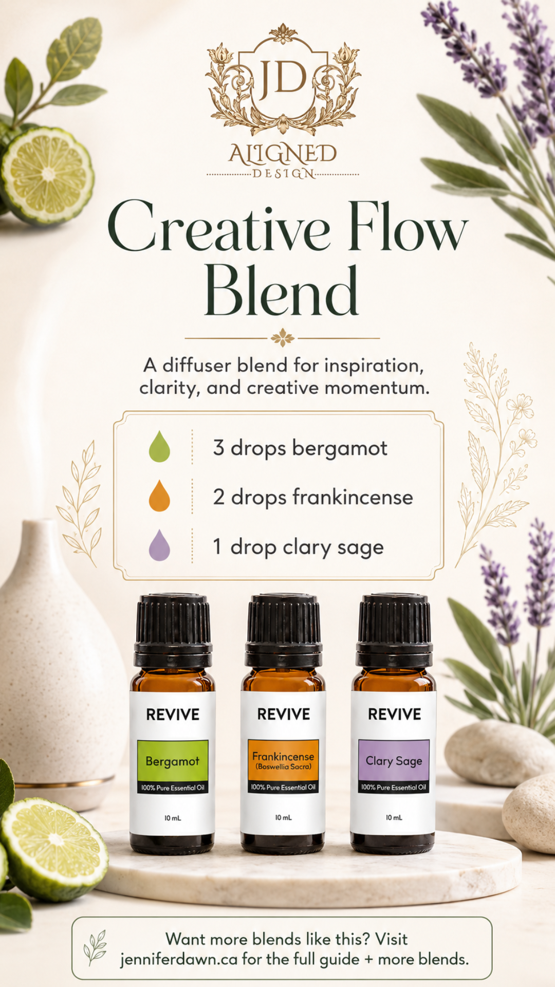 Pinterest pin for Creative Flow essential oil diffuser blend with bergamot, frankincense, and clary sage — a home office diffuser recipe for creativity and inspiration