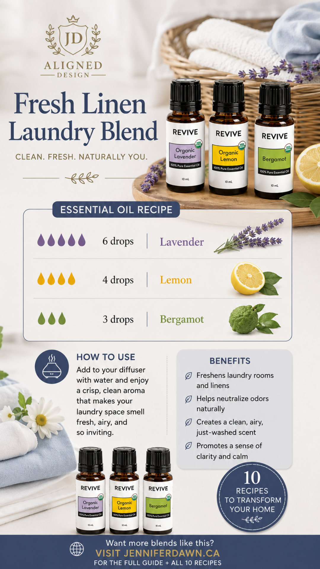 Pinterest pin for Fresh Linen essential oil laundry blend with lavender, lemon, and bergamot — a natural recipe to fragrance laundry without toxic synthetic fragrance