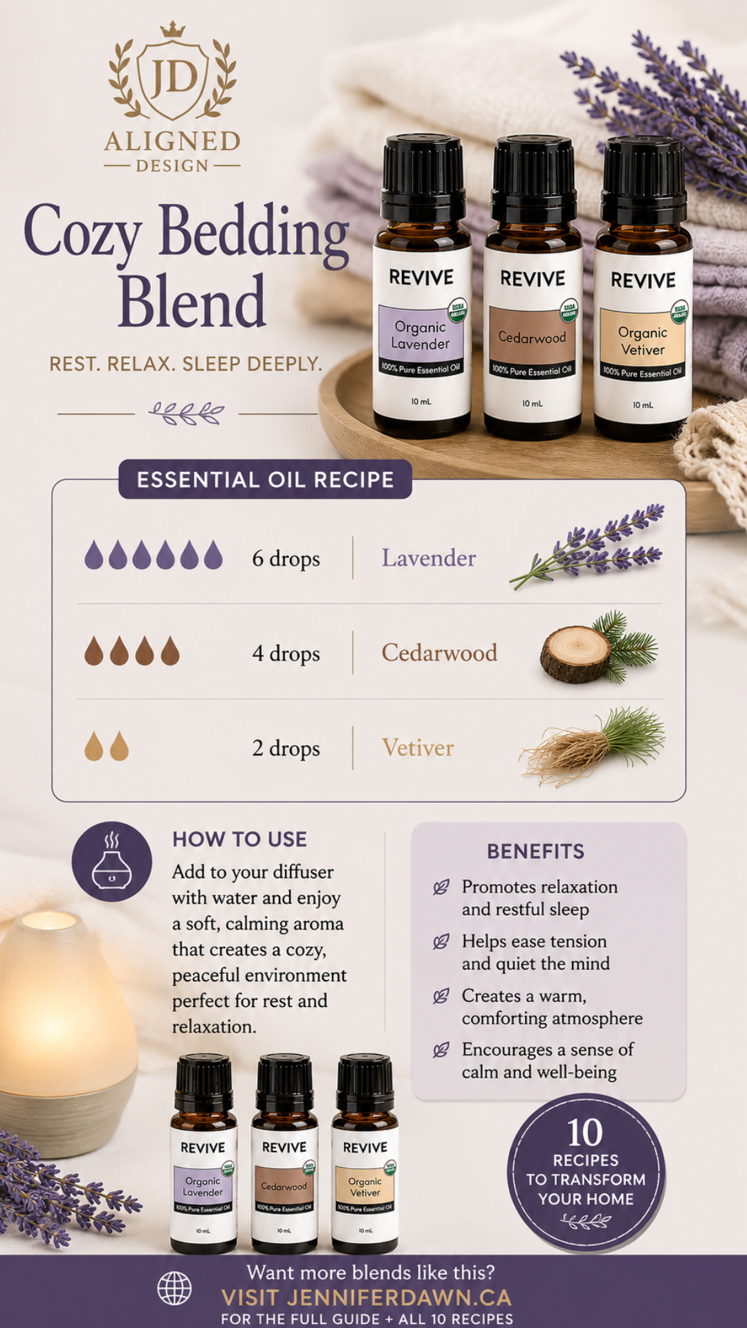 Pinterest pin for Cozy Bedding essential oil laundry blend with lavender, cedarwood, and vetiver for naturally fragranced sheets and bedding without synthetic fragrance