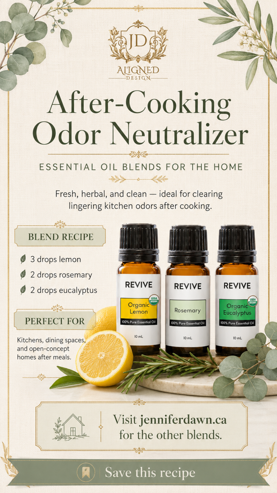 Pinterest pin showing After-Cooking Odor Neutralizer essential oil diffuser blend with lemon, rosemary, and eucalyptus — a natural kitchen recipe to eliminate cooking smells